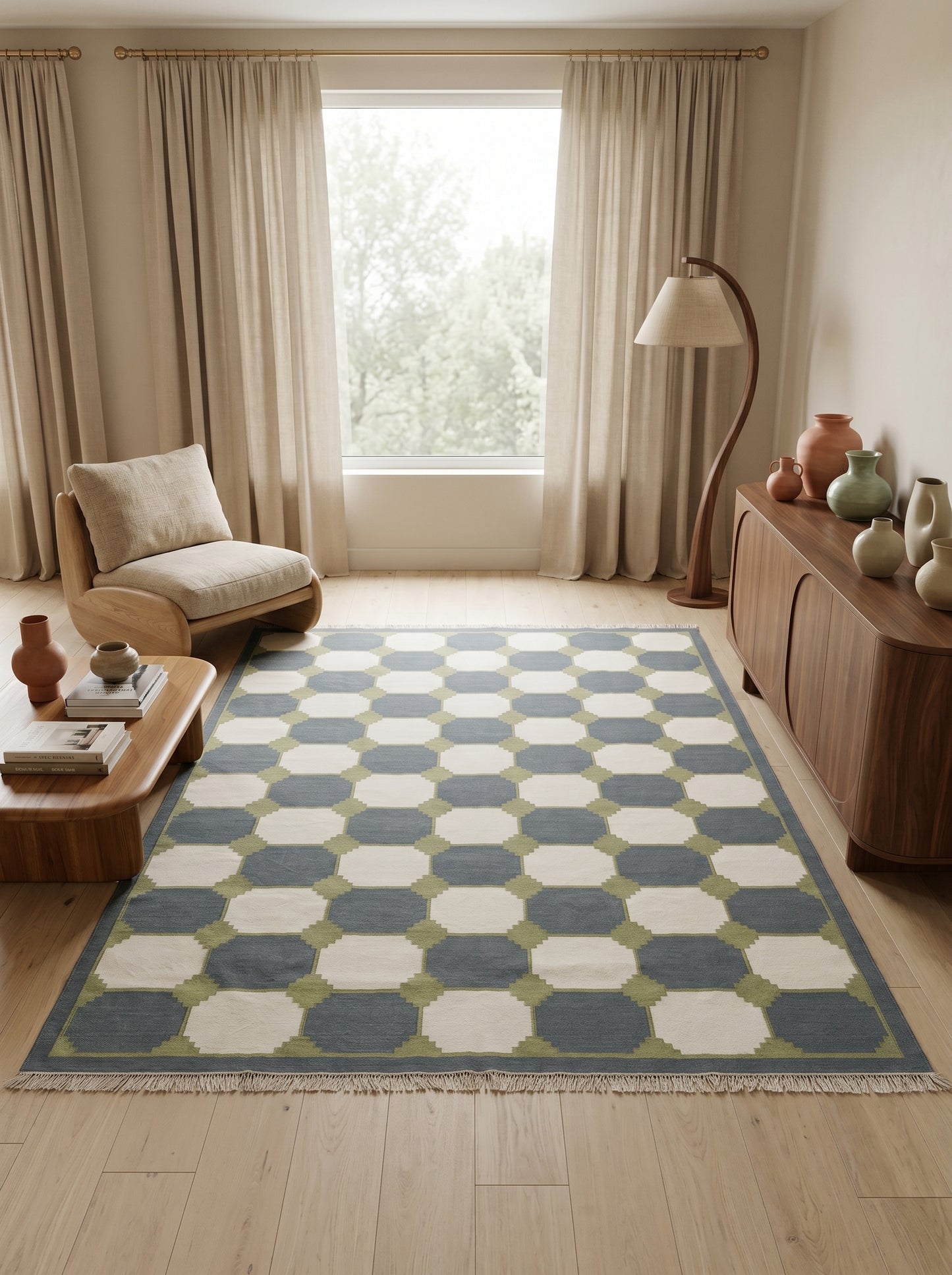 Olive & Onyx Modern Octagon Geometric Dhurrie Rug