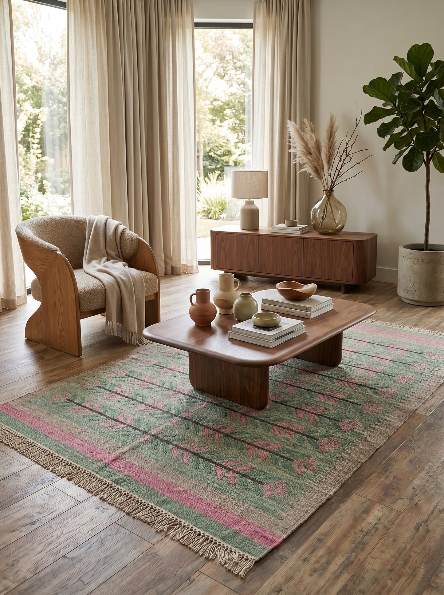Sage Green Botanical Vine Area Rug, Pink & Tan Horizontal Leaf Motif Dhurrie Carpet