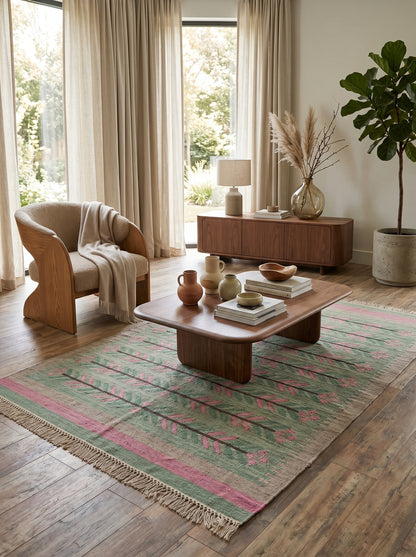 Sage Green Botanical Vine Area Rug, Pink & Tan Horizontal Leaf Motif Dhurrie Carpet