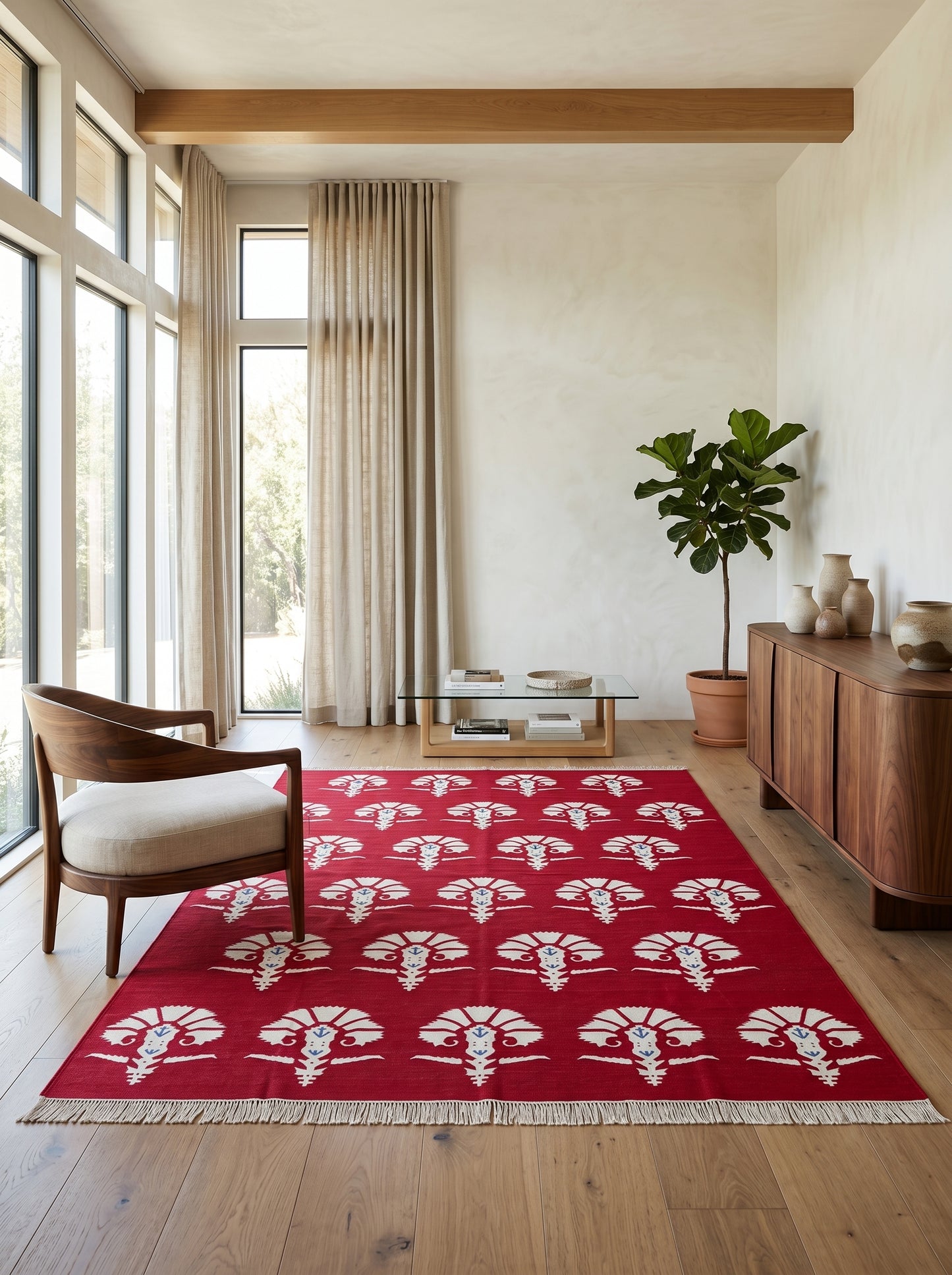 Red Mughal Floral Area Rug Traditional Carnation Motif Dhurrie Carpet