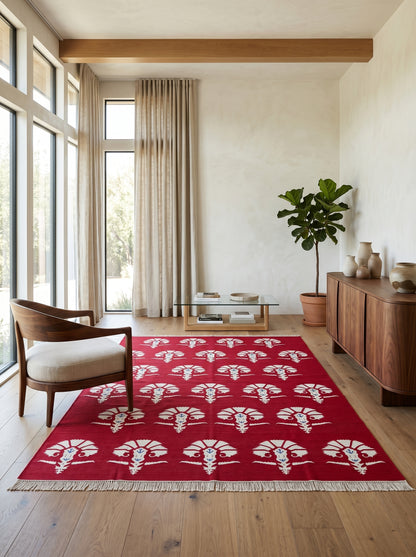 Red Mughal Floral Area Rug Traditional Carnation Motif Dhurrie Carpet