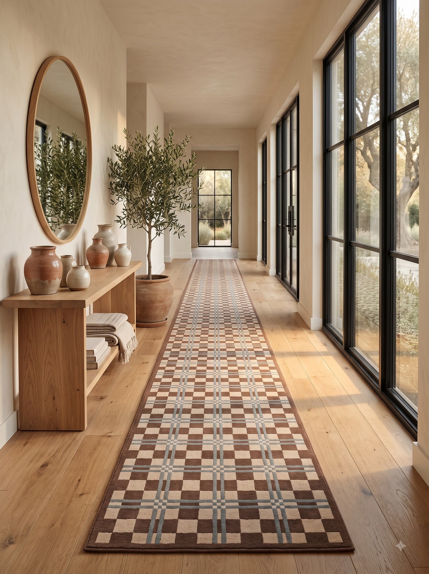 Hand Tufted Wool Runner Rug, Brown Beige Plaid Checkered Hallway Carpet