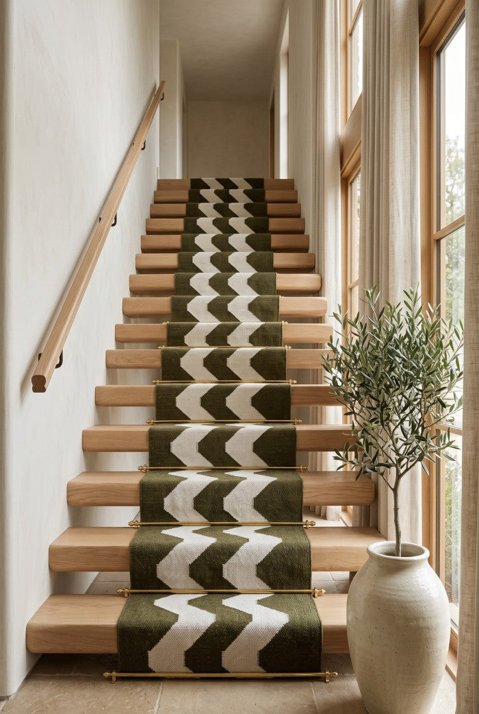 Handwoven Green & Ivory Zigzag Wool Flatweave Runner