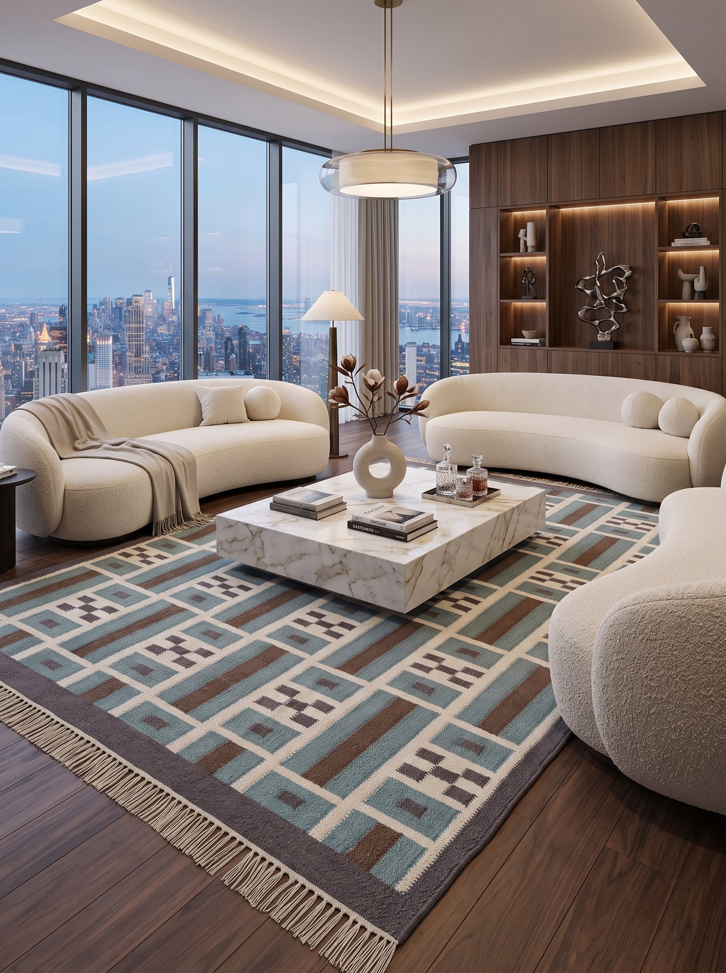 Teal Earth Block Grid Brown Wool Cotton Dhurrie Rug