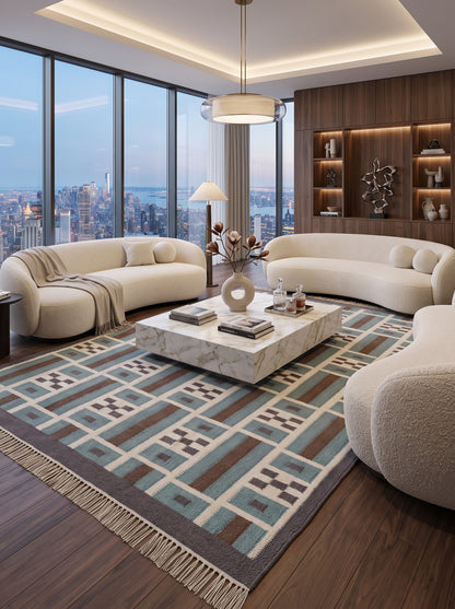 Teal Earth Block Grid Brown Wool Cotton Dhurrie Rug