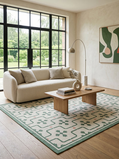 Emerald Tulip Lattice Geometric Interlocking Tile Pattern Flatweave Area Rug