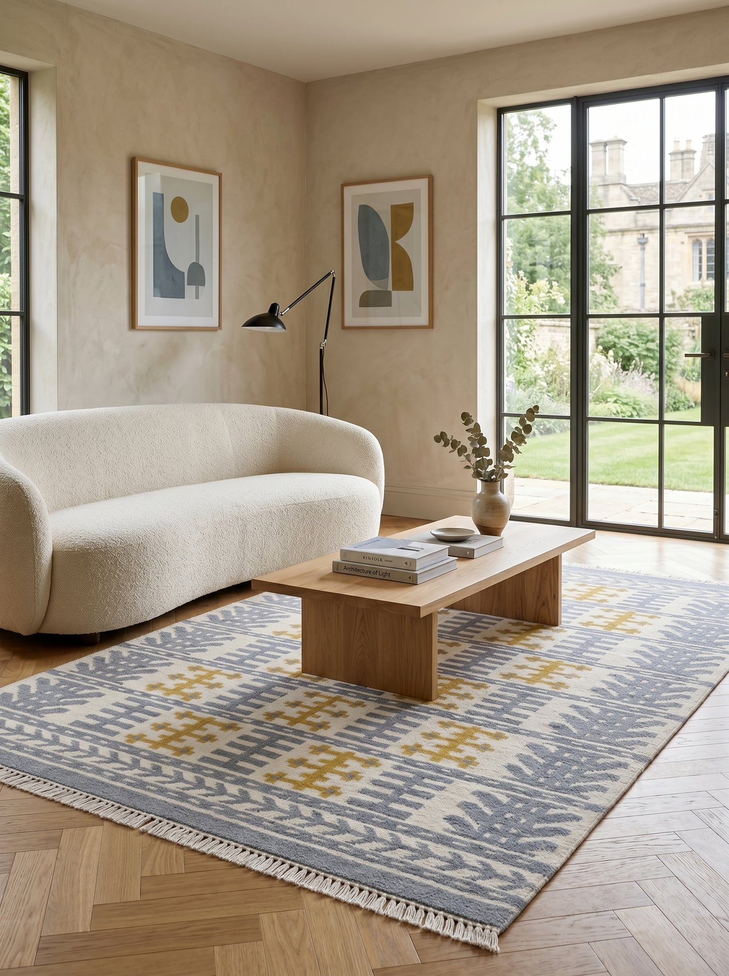 Nordic Totem Grid Modern Slate Blue & Mustard Wool Cotton Dhurrie Rug