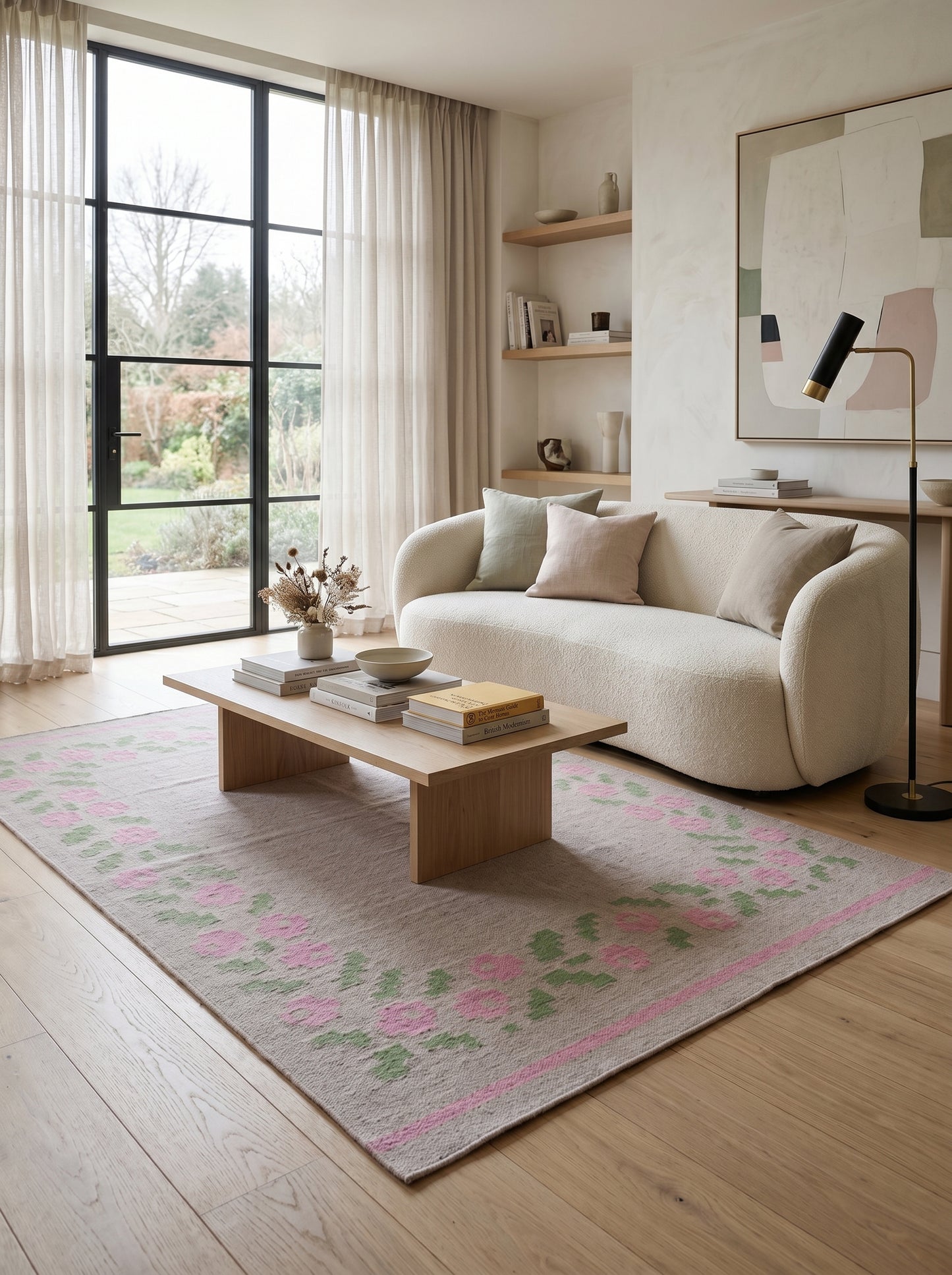 Pastel Rose Garland Aesthetic Pink & Sage Green Wool Cotton Dhurrie Rug