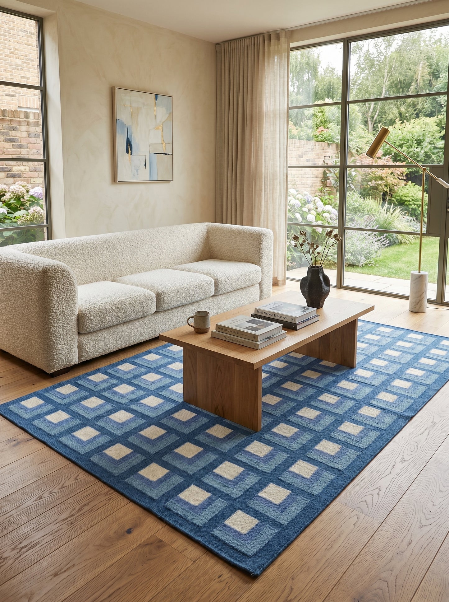 Slate Optical Cube Century Modern Blue & Cream Wool Cotton Dhurrie Rug
