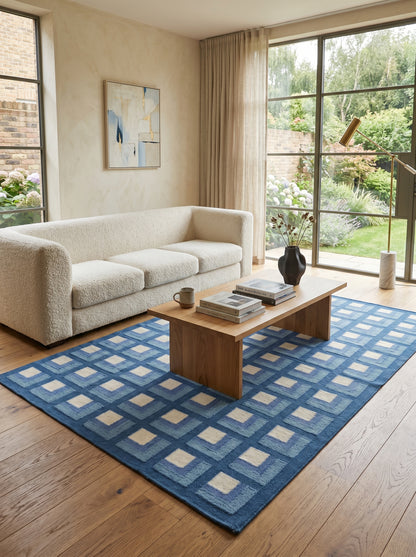 Slate Optical Cube Century Modern Blue & Cream Wool Cotton Dhurrie Rug