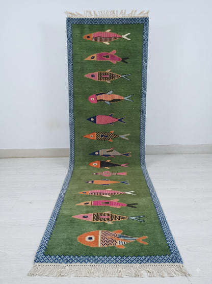Handmade Premium Wool Koi Fish Design Hand-Knotted Wool Runner Rug