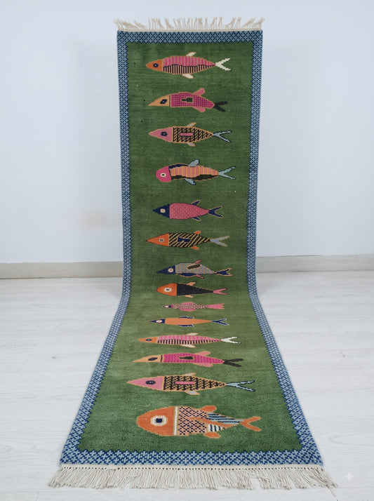 Handmade Premium Wool Koi Fish Design Hand-Knotted Wool Runner Rug