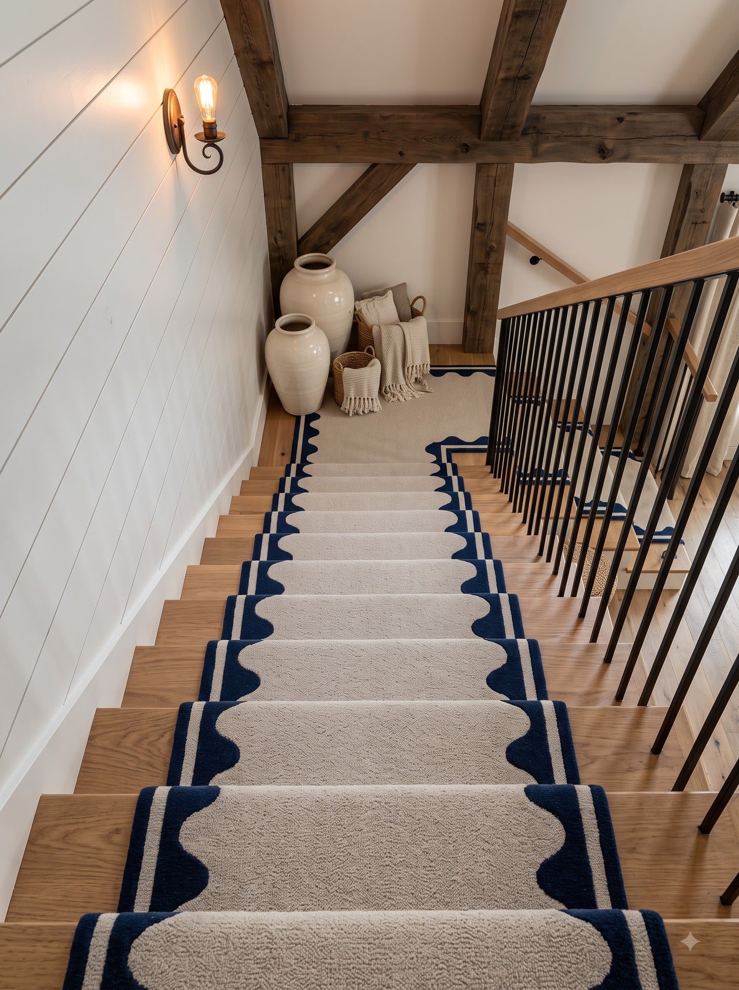 Hand Tufted Wool Runner Rug - Scalloped Navy Blue Border Ivory Hallway Carpet