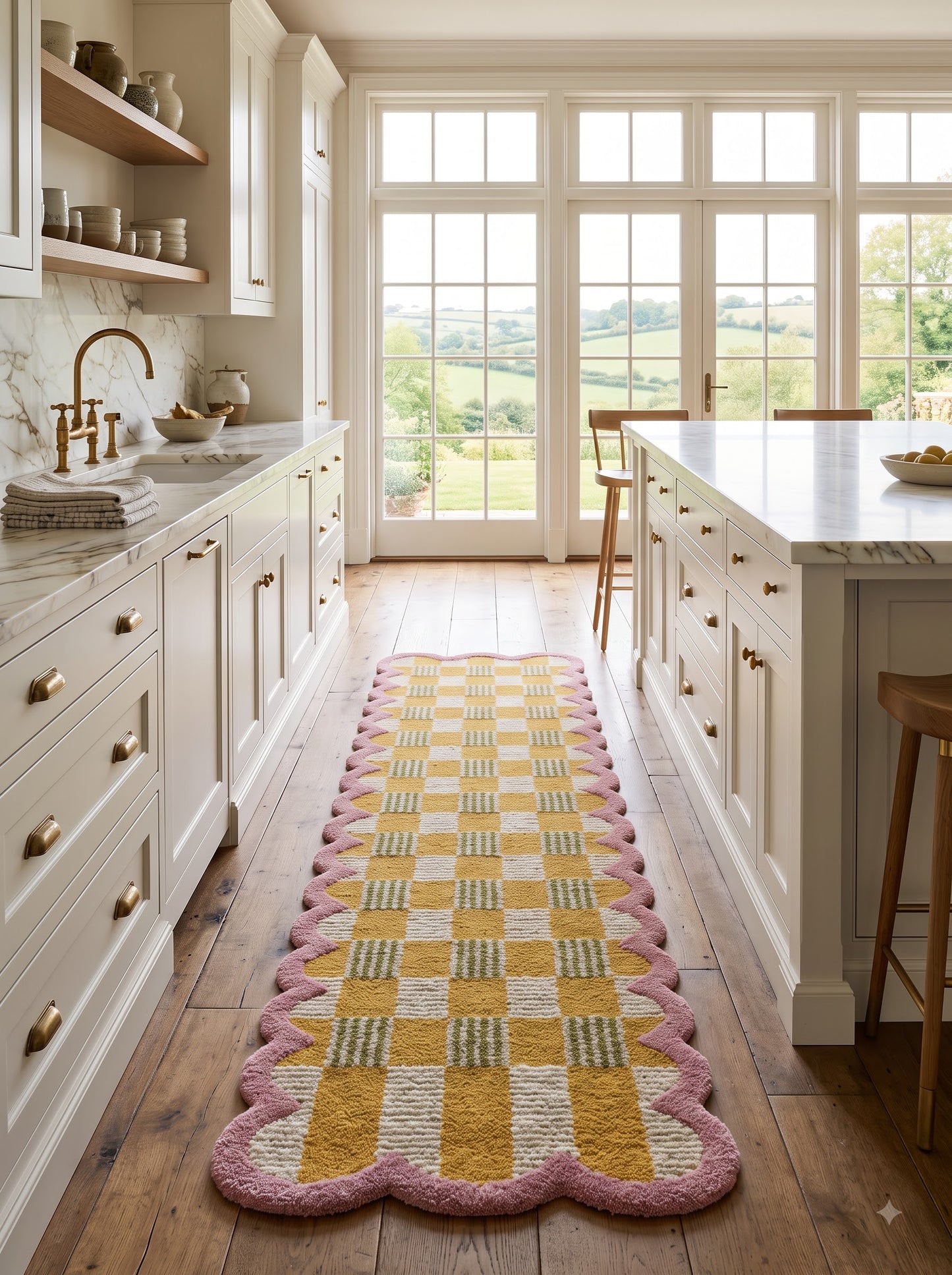 Scalloped Geometric Floral Stair Runner Pink Tufted Runner