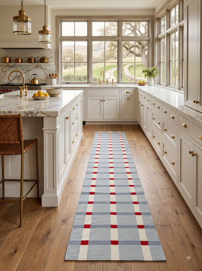 Handwoven Wool Runner Rug, Plaid Hallway Wool Checkered Runner