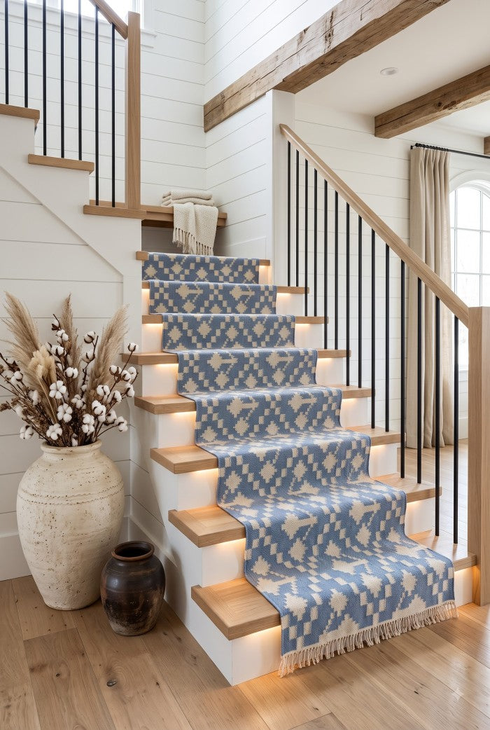 Handwoven Wool Runner Blue and White Kilim Style