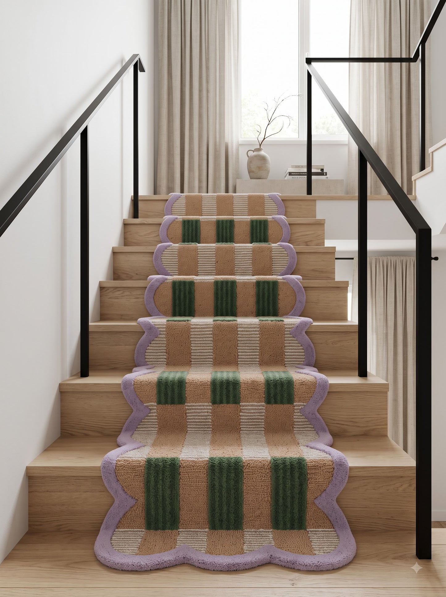 Hand-Tufted Wool Hallway Runner Neutral Plaid Rug with Scalloped Edge