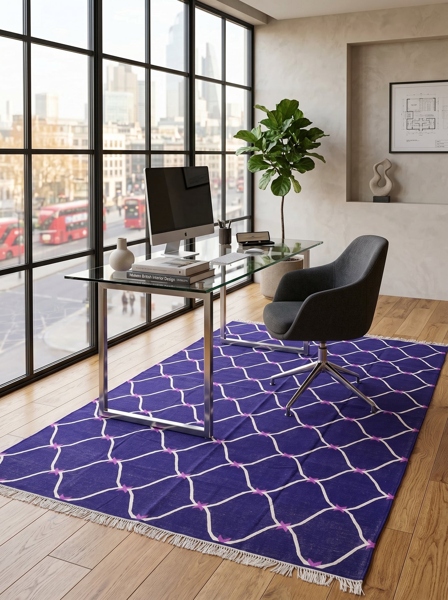 Cobalt Trellis Handwoven Cotton Flatweave Dhurrie Rug