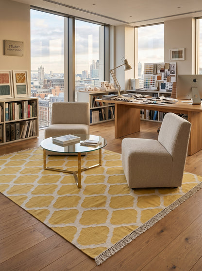 Mustard Yellow & White Honey Trellis Handwoven Cotton Rug
