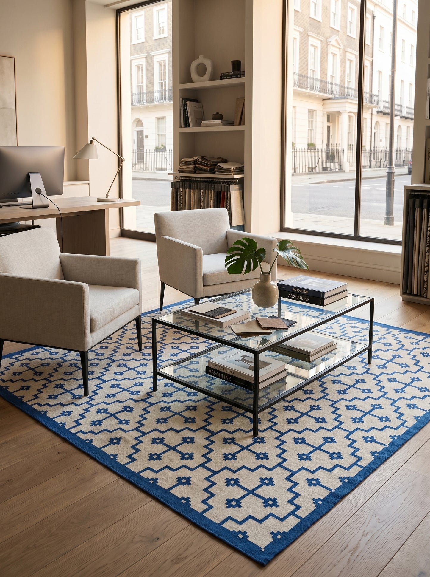 Royal Blue & Ivory Geometric Area Rug, Southwestern Diamond Cross  Dhurrie