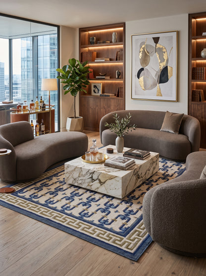 Oceanic Greek Maze Mediterranean Wave Pattern Wool Area Rug