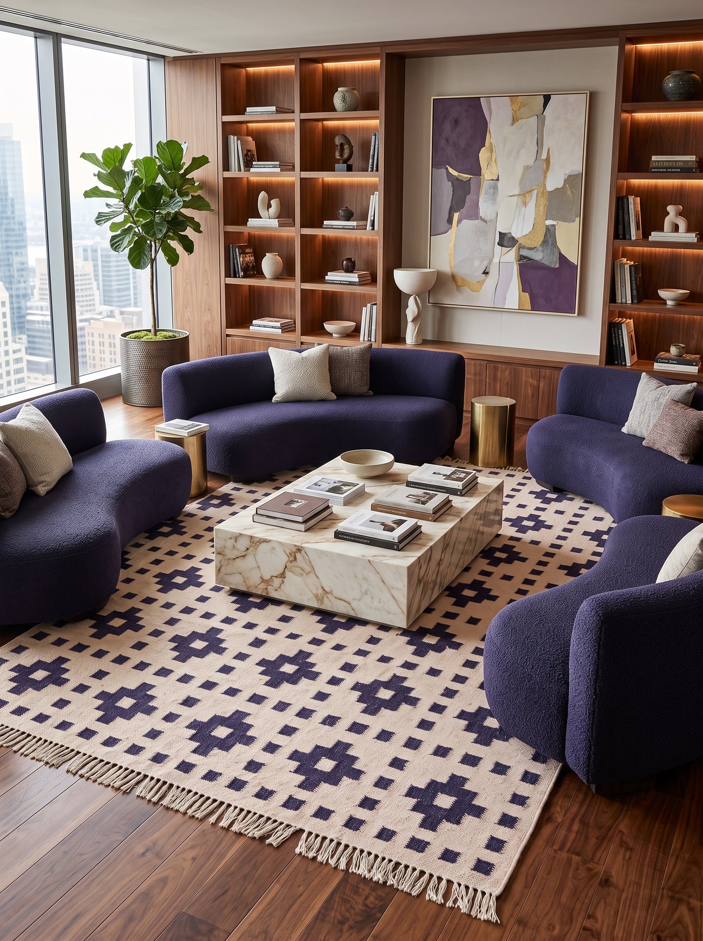 Ivory Mosaic Lattice Geometric Pattern Wool Area Rug