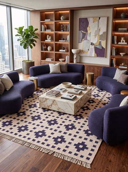 Ivory Mosaic Lattice Geometric Pattern Wool Area Rug