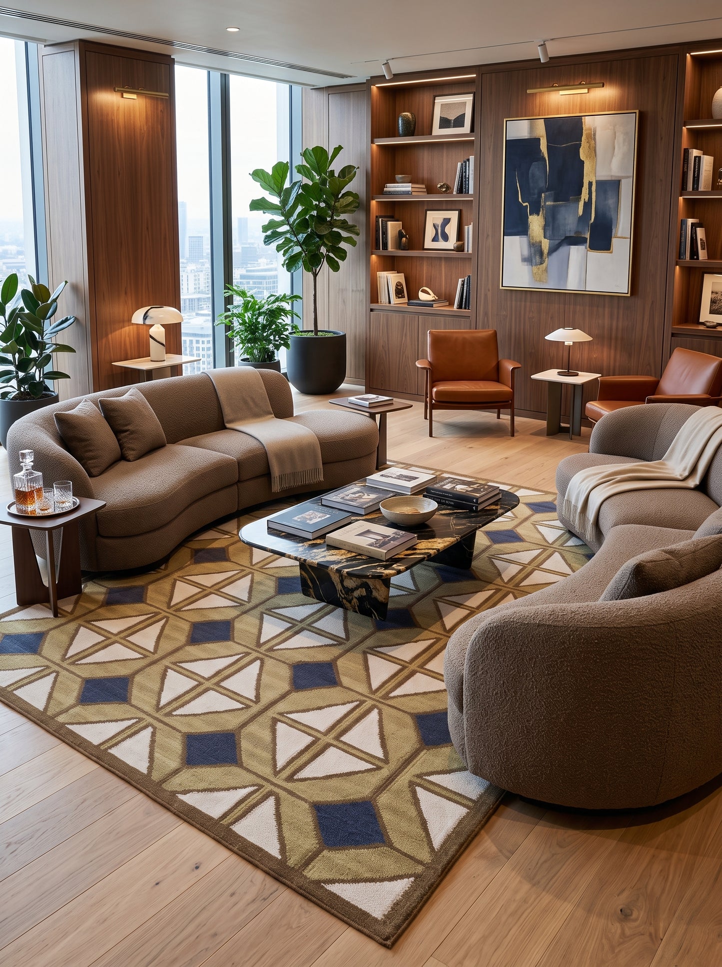 Camel & Navy Geo Lattice Diamond Prism Motif Area Rug