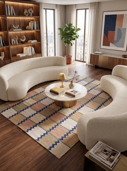Handmade Pastel Zigzag Grid Checkered Flatweave rug