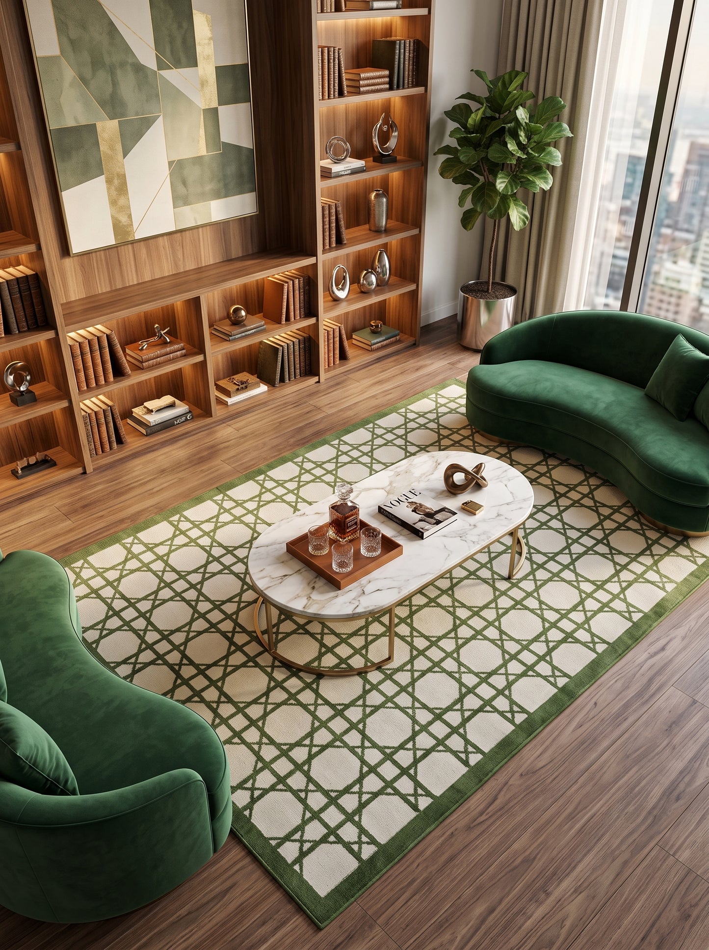 Handwoven Verdant Geometric Cane Wool Cotton Dhurrie Rug