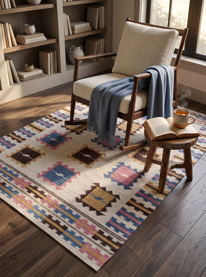 Nomadic Pastel Blocks Wool and Cotton Kilim Rug