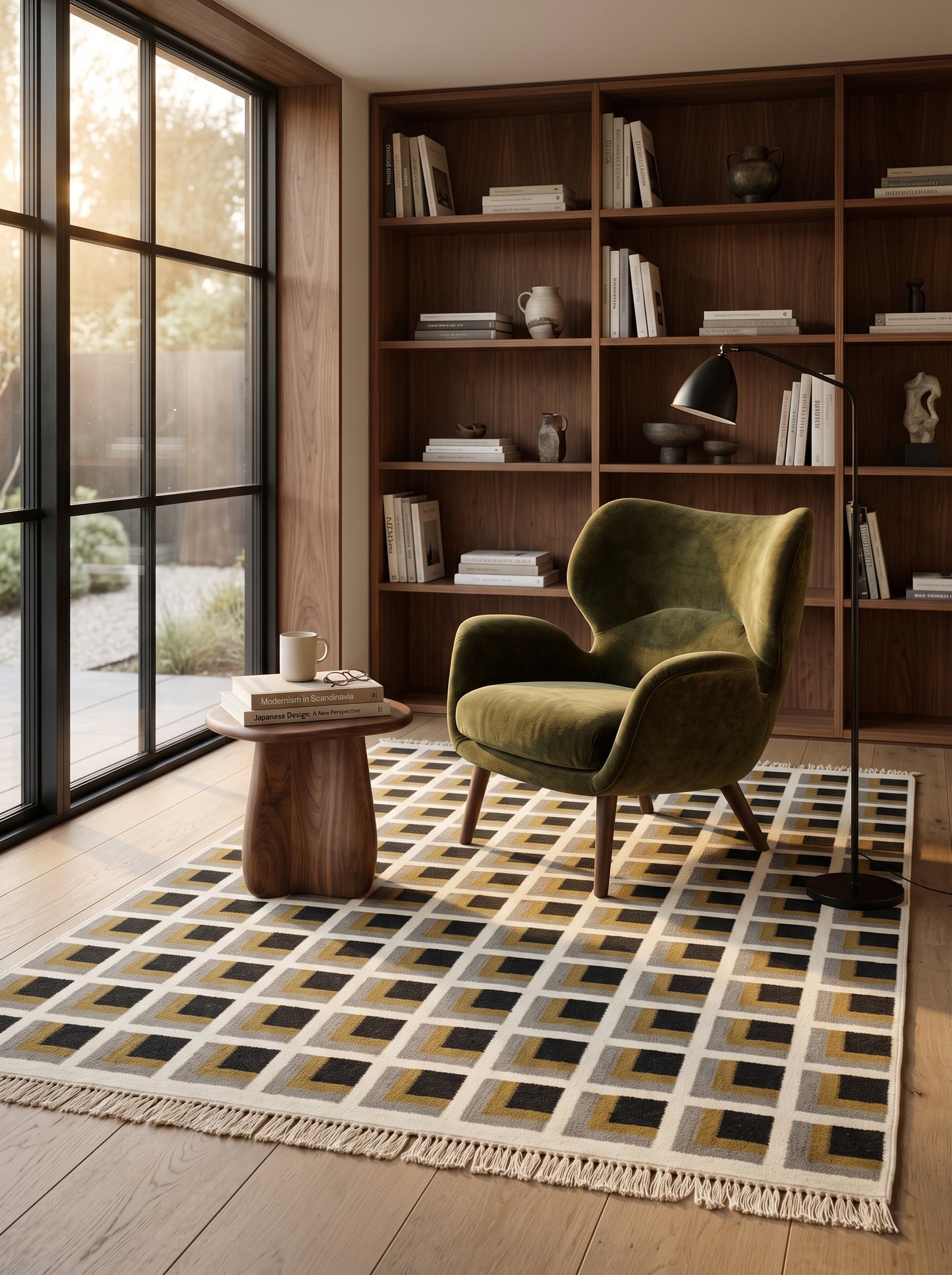 Mustard Yellow Charcoal Grey Handwoven Dhurrie Rug