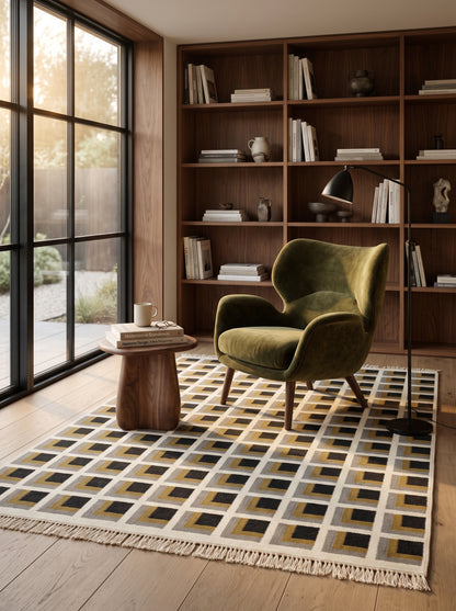 Mustard Yellow Charcoal Grey Handwoven Dhurrie Rug