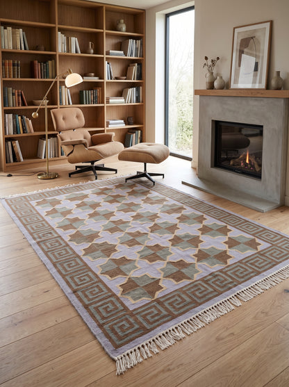 Mediterranean Star Trellis Greek Key Border Flatweave Rug