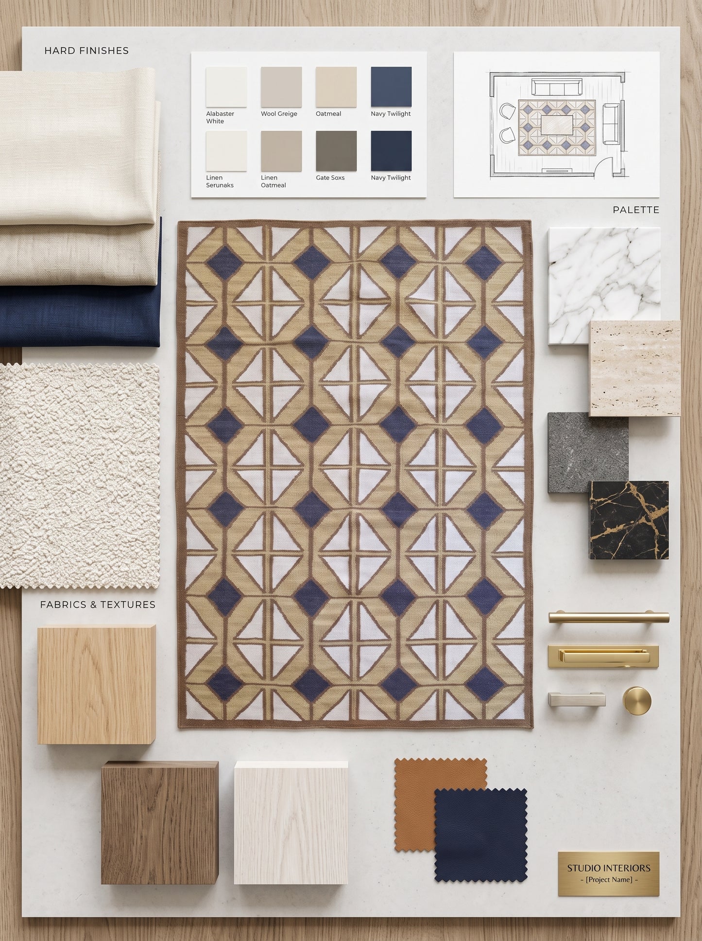 Camel & Navy Geo Lattice Diamond Prism Motif Area Rug