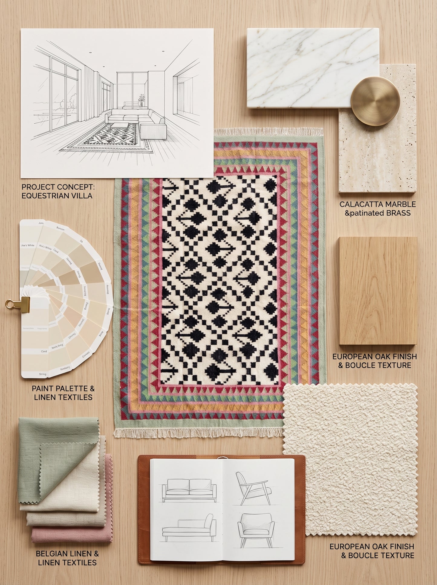 Monochrome Tree & Sawtooth Border Wool Area Rug
