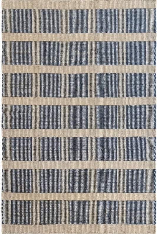 Premium Flatweave Wool Carpet  Cream and Navy Plaid Design