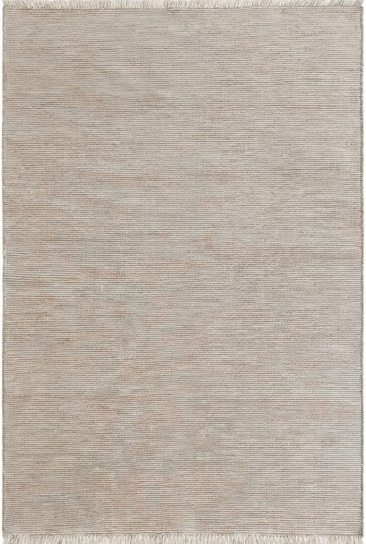Handwoven Ribbed Wool Rug Natural Beige with Fringed Edge