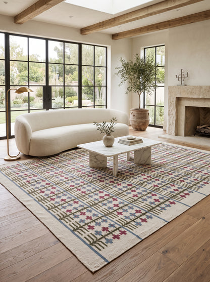 Traditional Block Motif Vintage Cross Motif Flatweave Area Rug