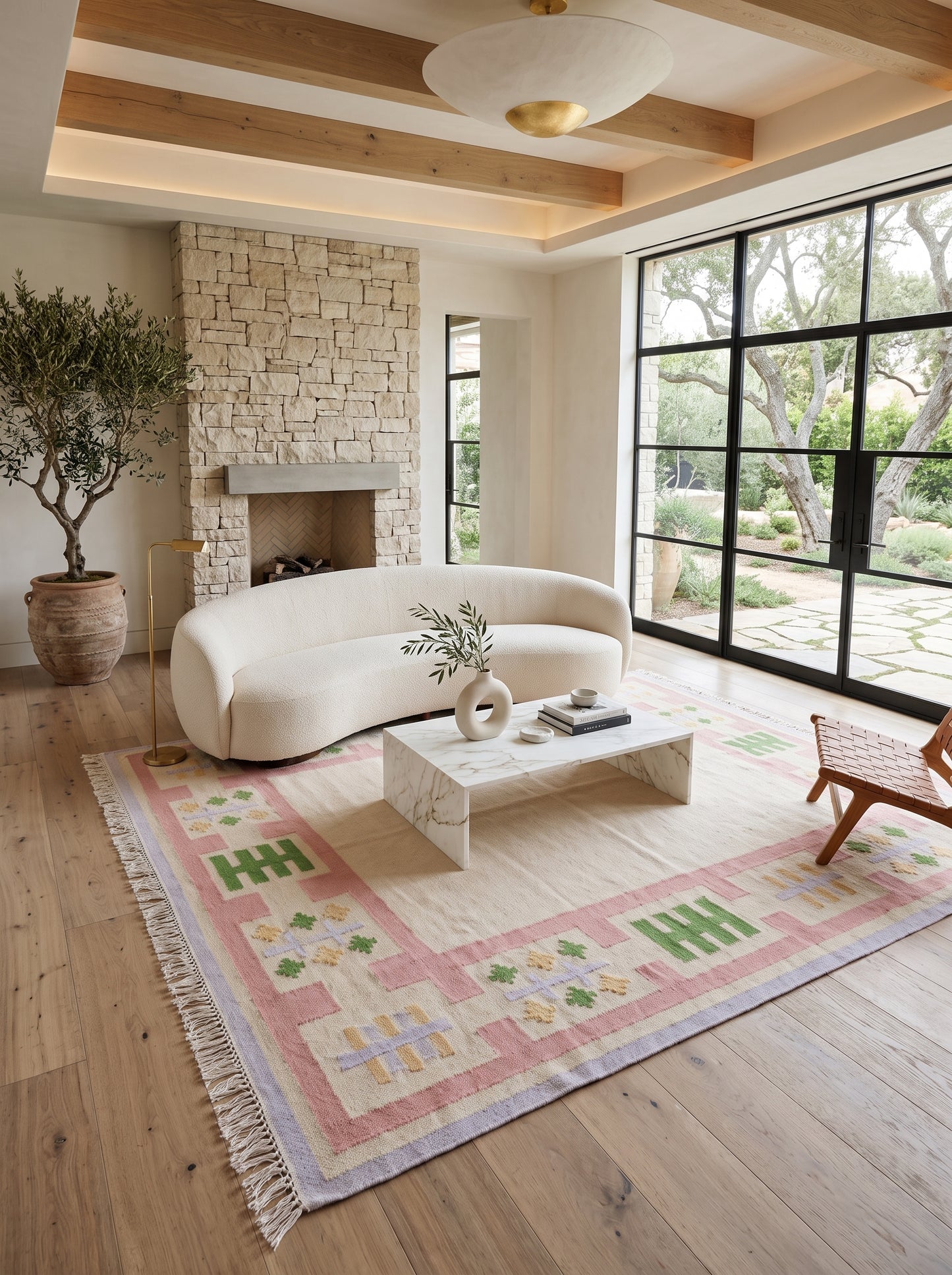 Pastel Geometric Border Wool Rug