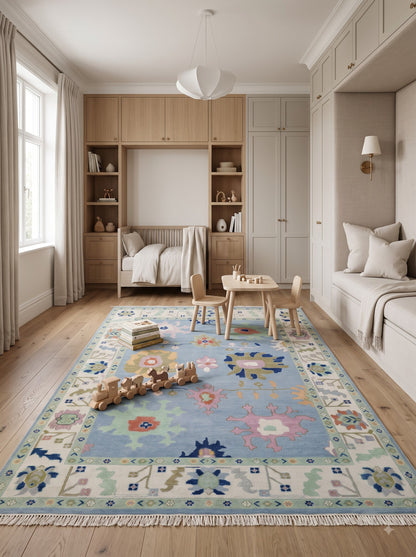 Handmade Turkish Oushak Rug Sky Blue Floral Wool Carpet
