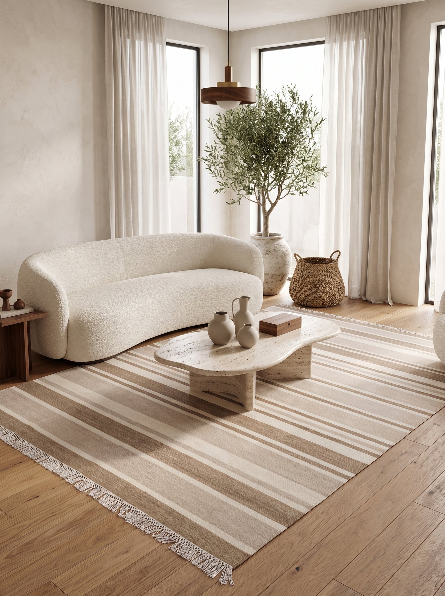 Camel Horizon Stripe Handwoven Japandi Scandinavian Kilim rug