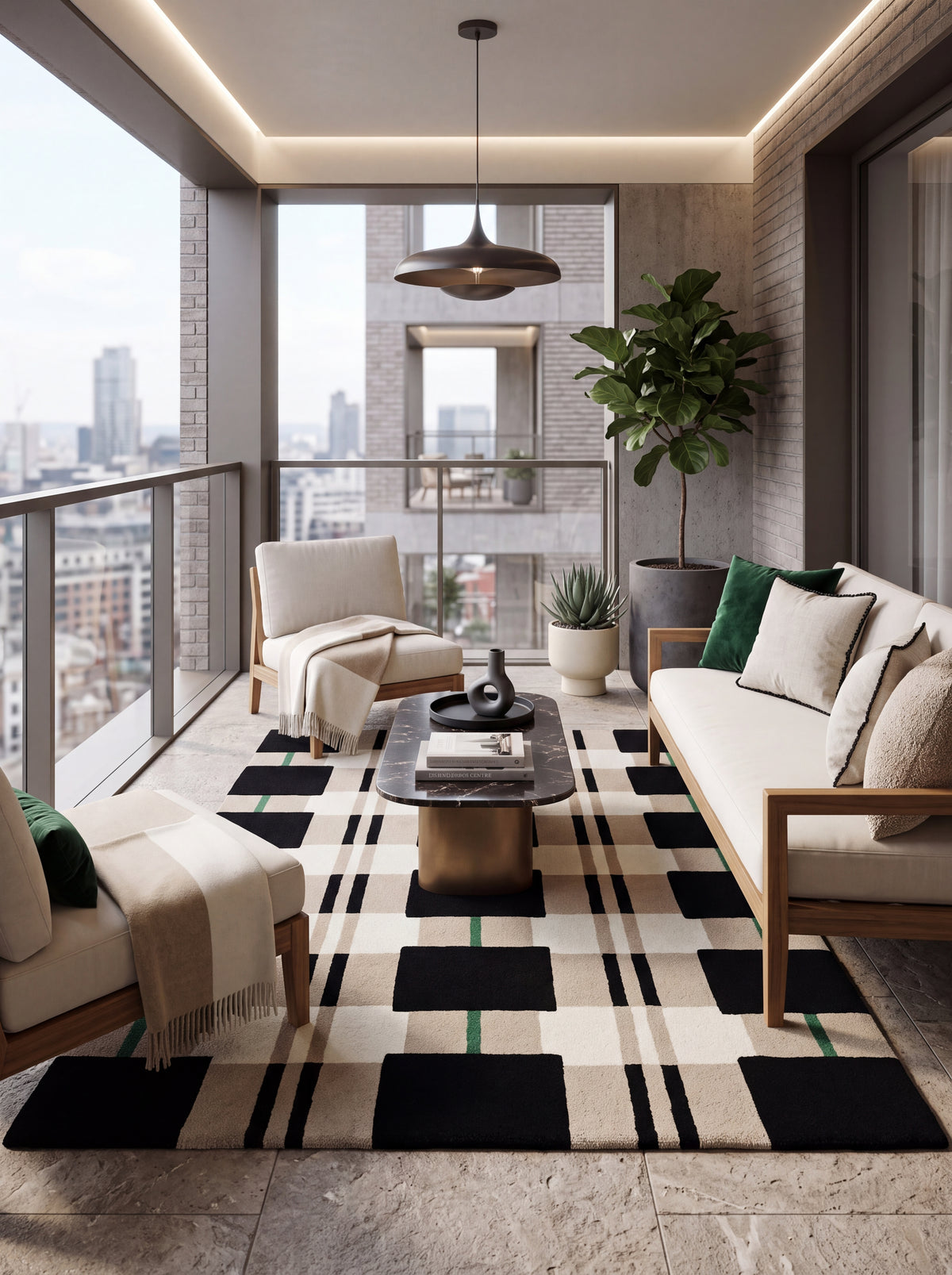 Monochrome Black & Beige Grid Tufted Carpet, Minimalist Plaid Living Room Floor Rug