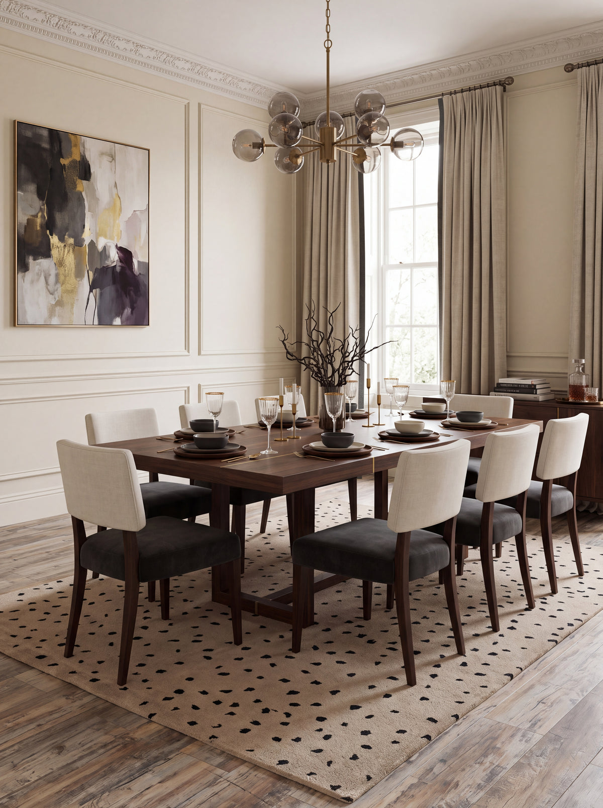 Oatmeal Beige & Black Minimalist Dot Carpet, Luxury Contemporary Wool Area Rug for Living Room