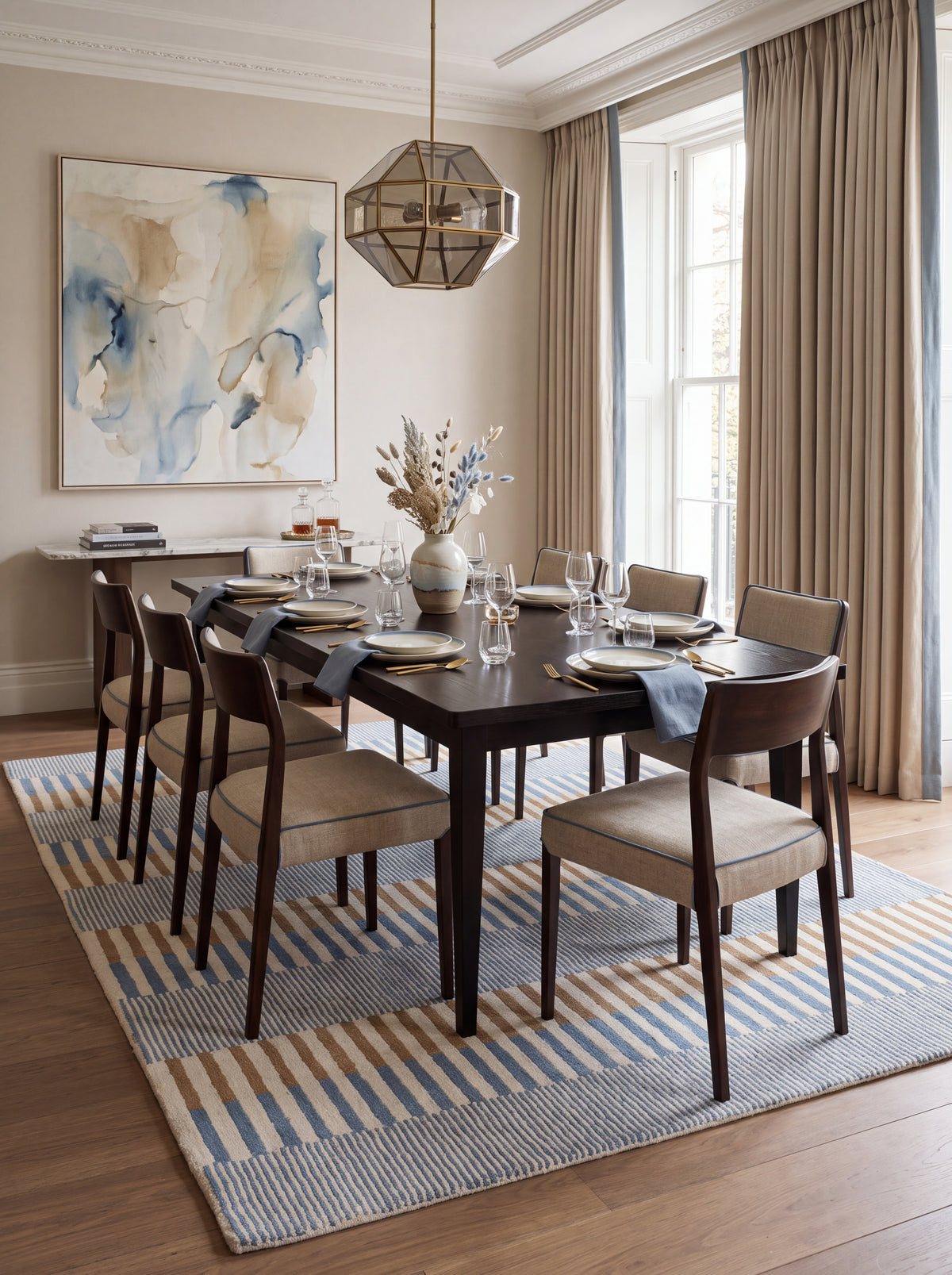 Coastal Horizon Hand-Tufted Wool Rug - Light Blue, Caramel & Cream Block Striped Carpet