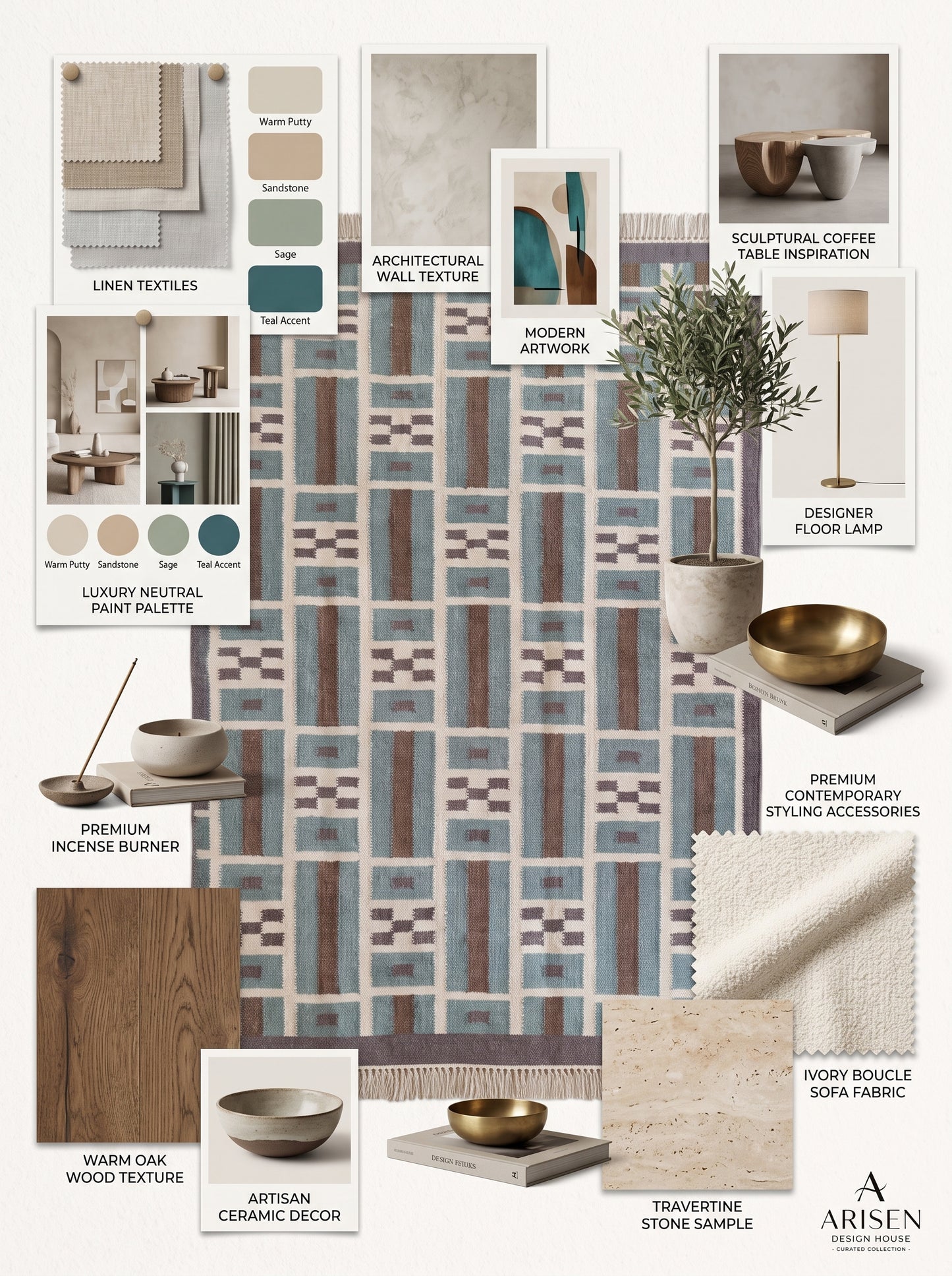 Teal Earth Block Grid Brown Wool Cotton Dhurrie Rug
