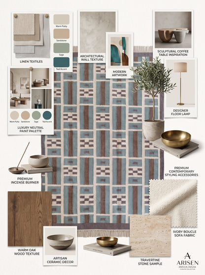 Teal Earth Block Grid Brown Wool Cotton Dhurrie Rug