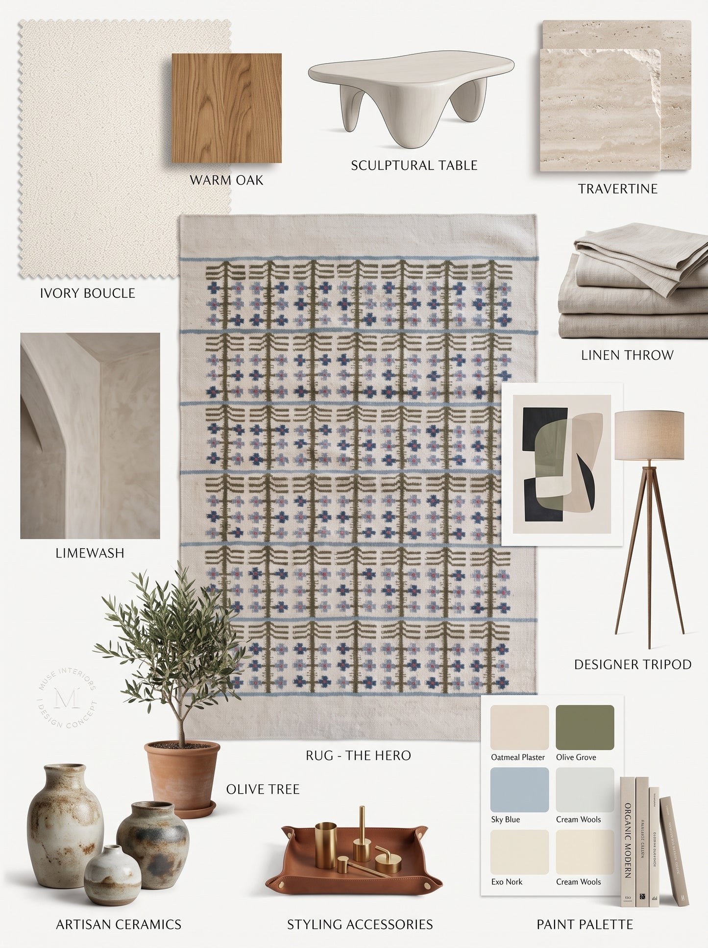 Olive & Denim Tree Trellis Handwoven Symmetrical Folk Rug