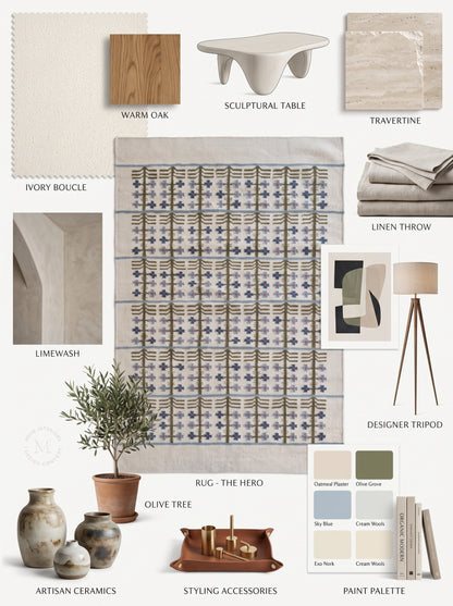 Olive & Denim Tree Trellis Handwoven Symmetrical Folk Rug