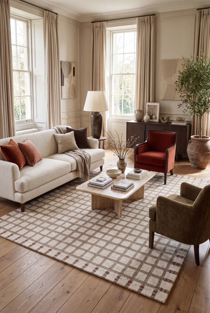 Hand Tufted Wool Rug, Beige Checkered Carpet, Rust Geometric Area Rug